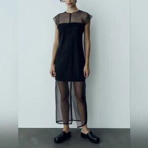Zara Womens Midi Dress M Medium Black Round Neck Layered Sheer 8480/031 NWD